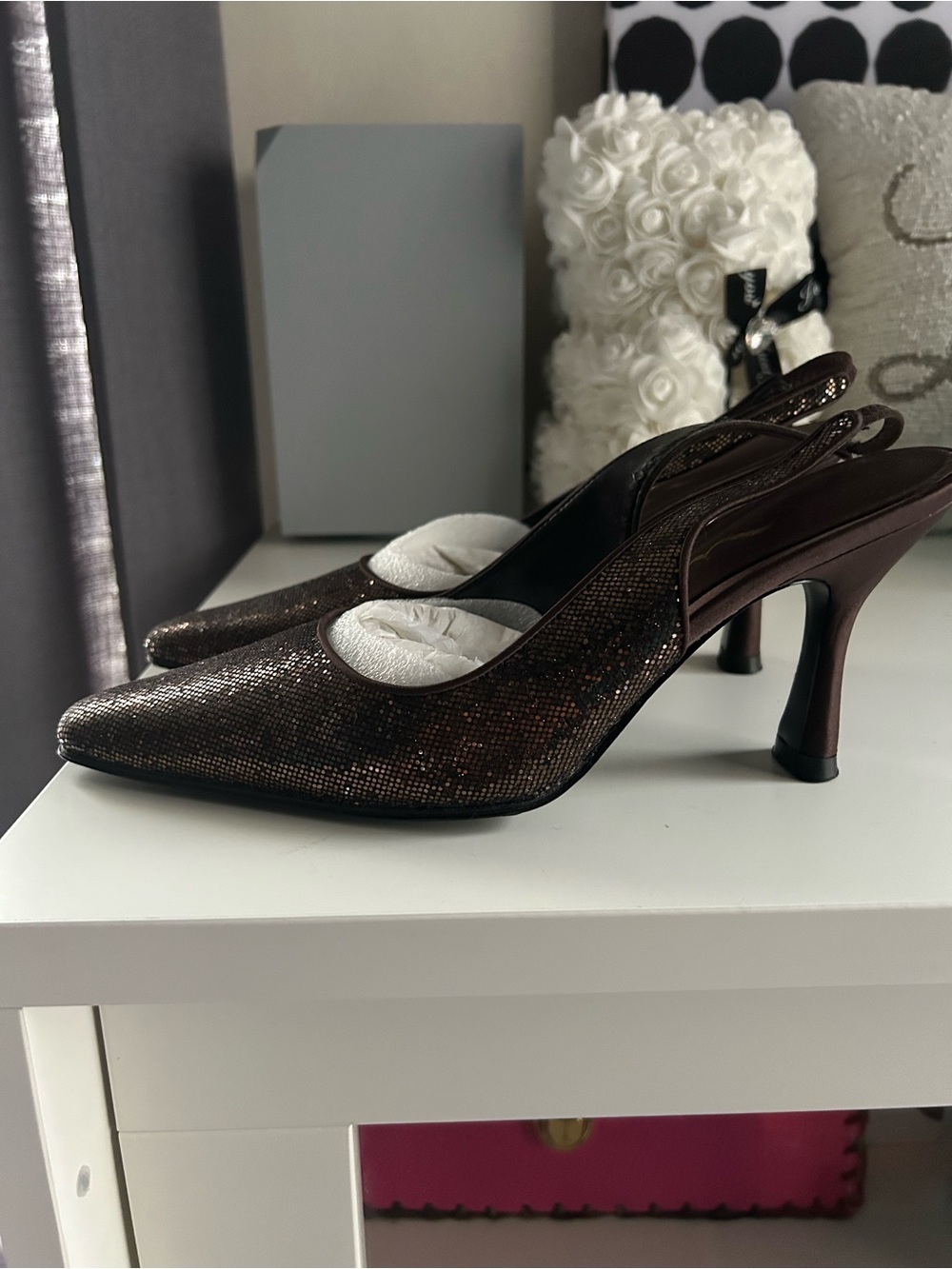 Women's Brown Metallic Slingback Pointed-Toe Heels